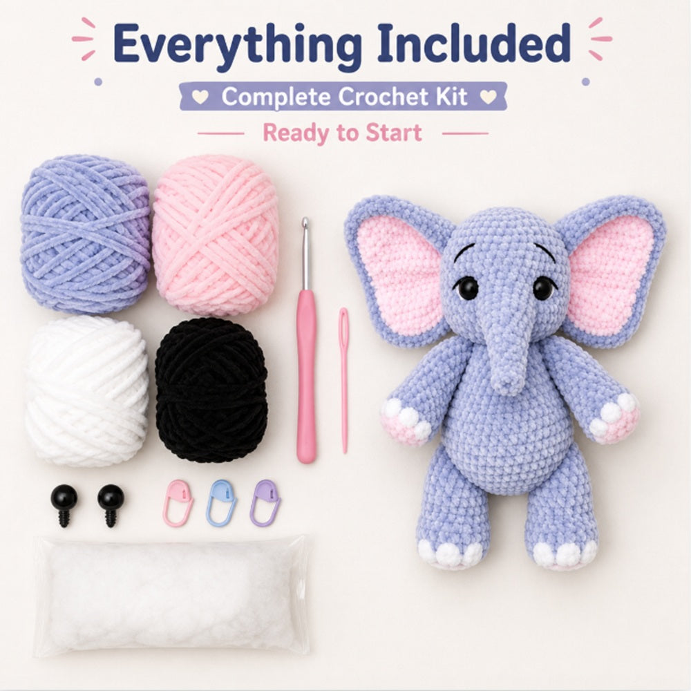 Elephant Crochet Kit for Beginners with Yarn & Supplies – TIKA