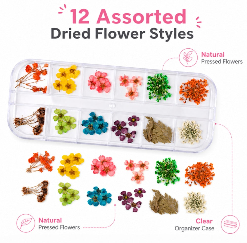 12-Color Real Dried Flower Nail Art Set | TIKA