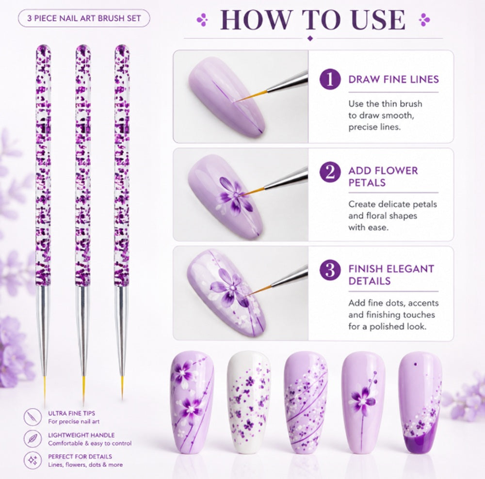 3-Piece Nail Art Dotting & Fine Liner Brush Set | TIKA