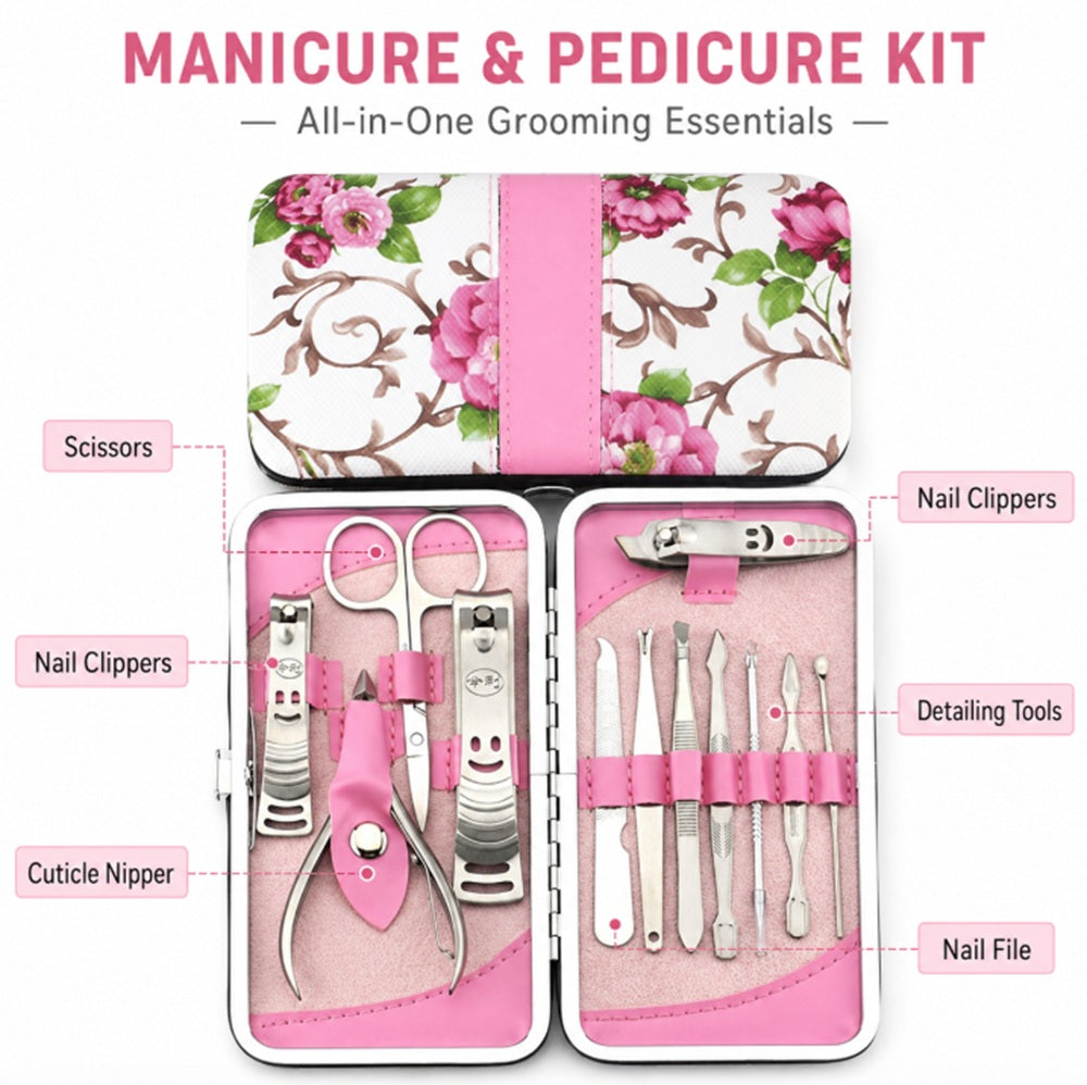 12-Piece Manicure & Pedicure Grooming Kit with Case | TIKA