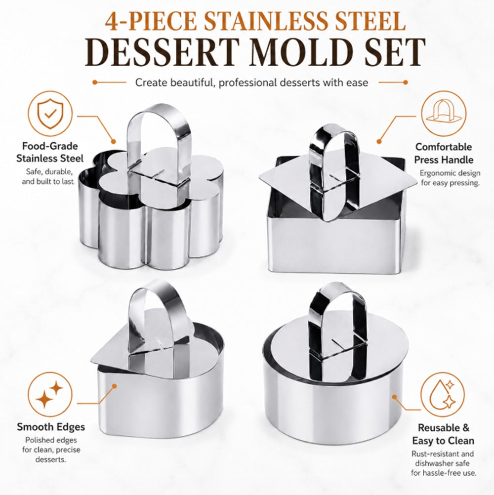 4-Pack Stainless Steel Mousse Ring Molds with Pusher | TIKA