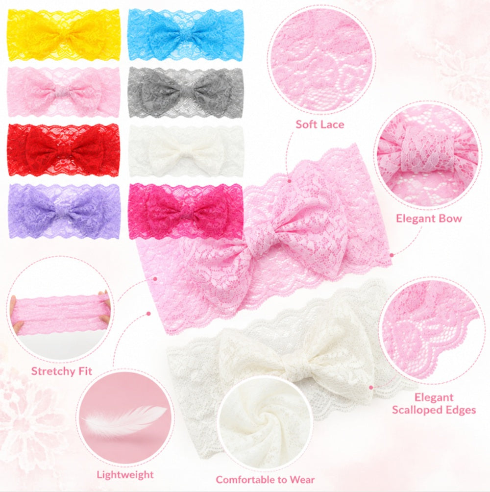 8-Piece Baby Girl Lace, Bow & Flower Headband Set | TIKA