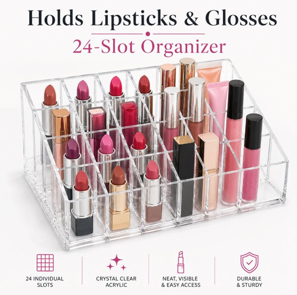 24-Slot Acrylic Lipstick Holder & Makeup Organizer | TIKA