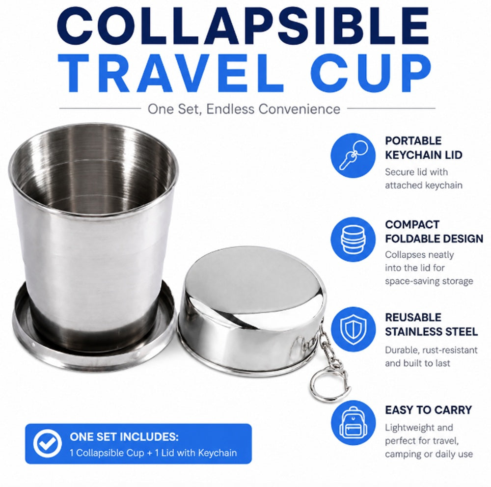 Stainless Steel Collapsible Camping Cup with Lid & Keychain | TIKA