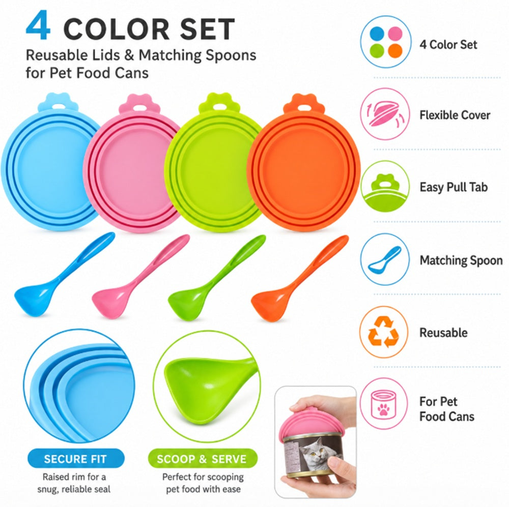 4-Pack Silicone Pet Food Can Covers with Spoon | TIKA