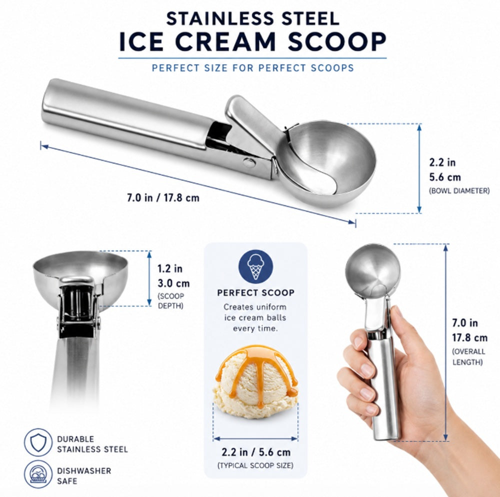 Stainless Steel Trigger Ice Cream Scoop for Cookie Dough & Melon | TIKA