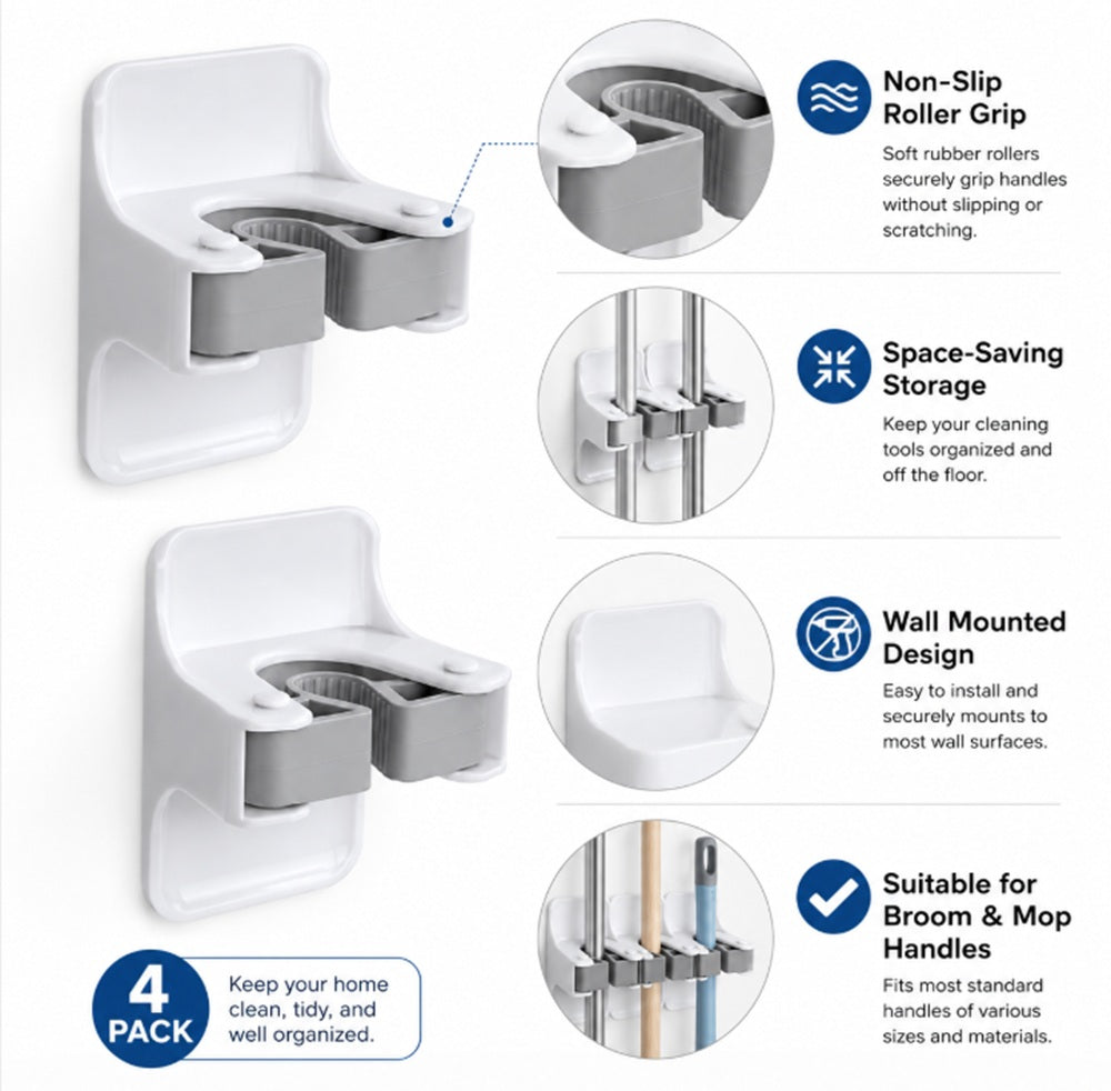 4-Pack Self-Adhesive Broom & Mop Wall Holders | TIKA