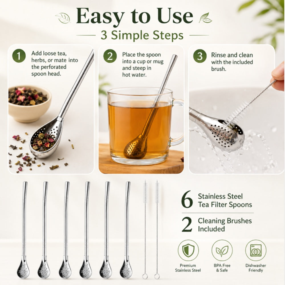 6-Pack Stainless Steel Reusable Drinking Straws with Filter Spoon & Brush | TIKA