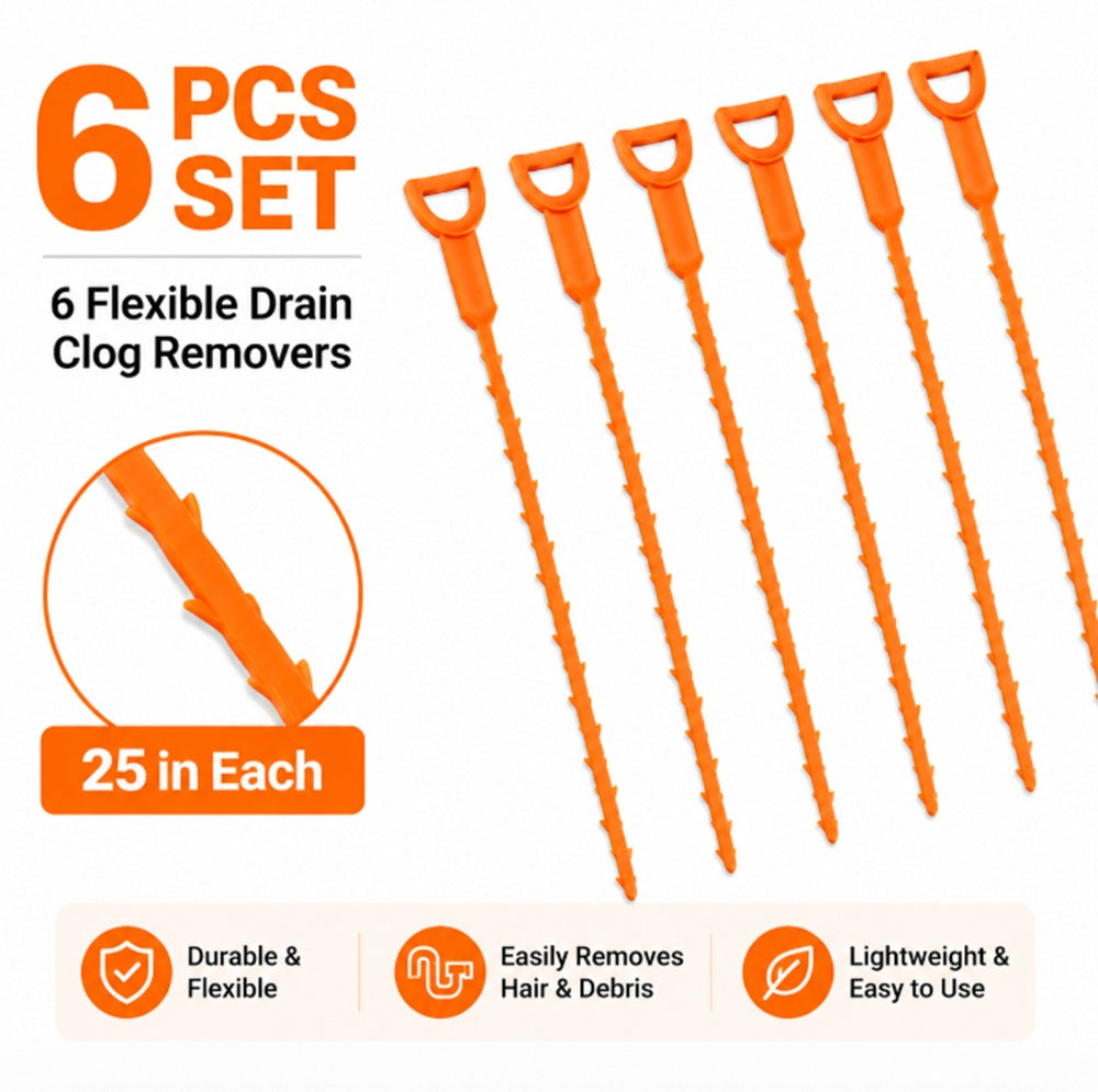 6-Pack 25-Inch Hair Drain Clog Remover Tools | TIKA
