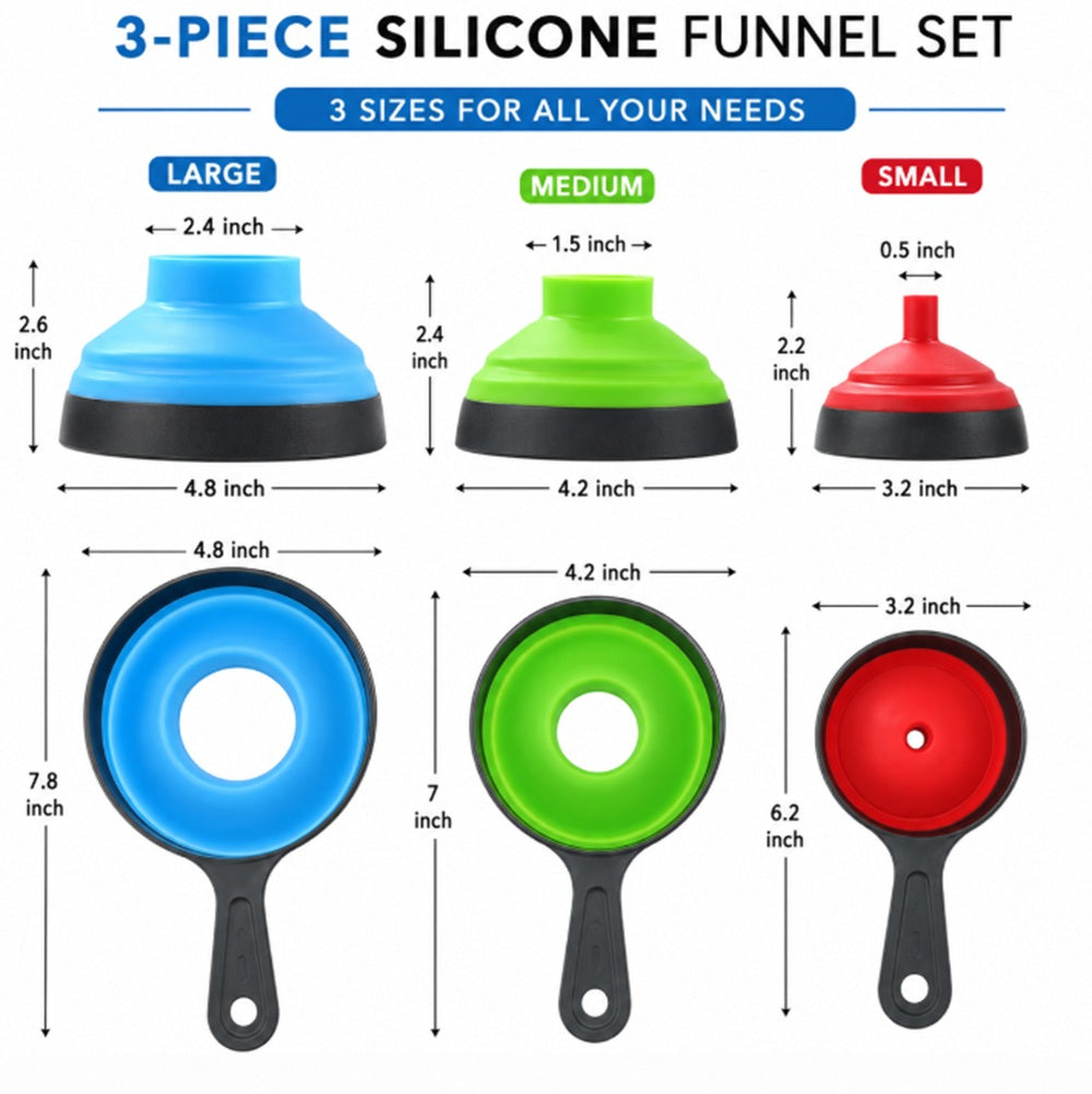 3-Piece Collapsible Wide-Mouth Silicone Funnel Set | TIKA