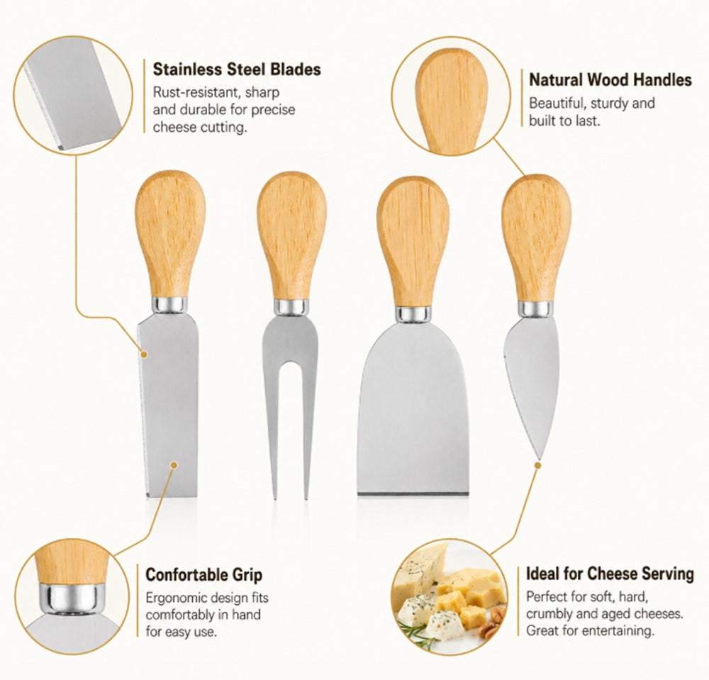 4-Piece Stainless Steel Cheese Knife Set with Wooden Handles | TIKA