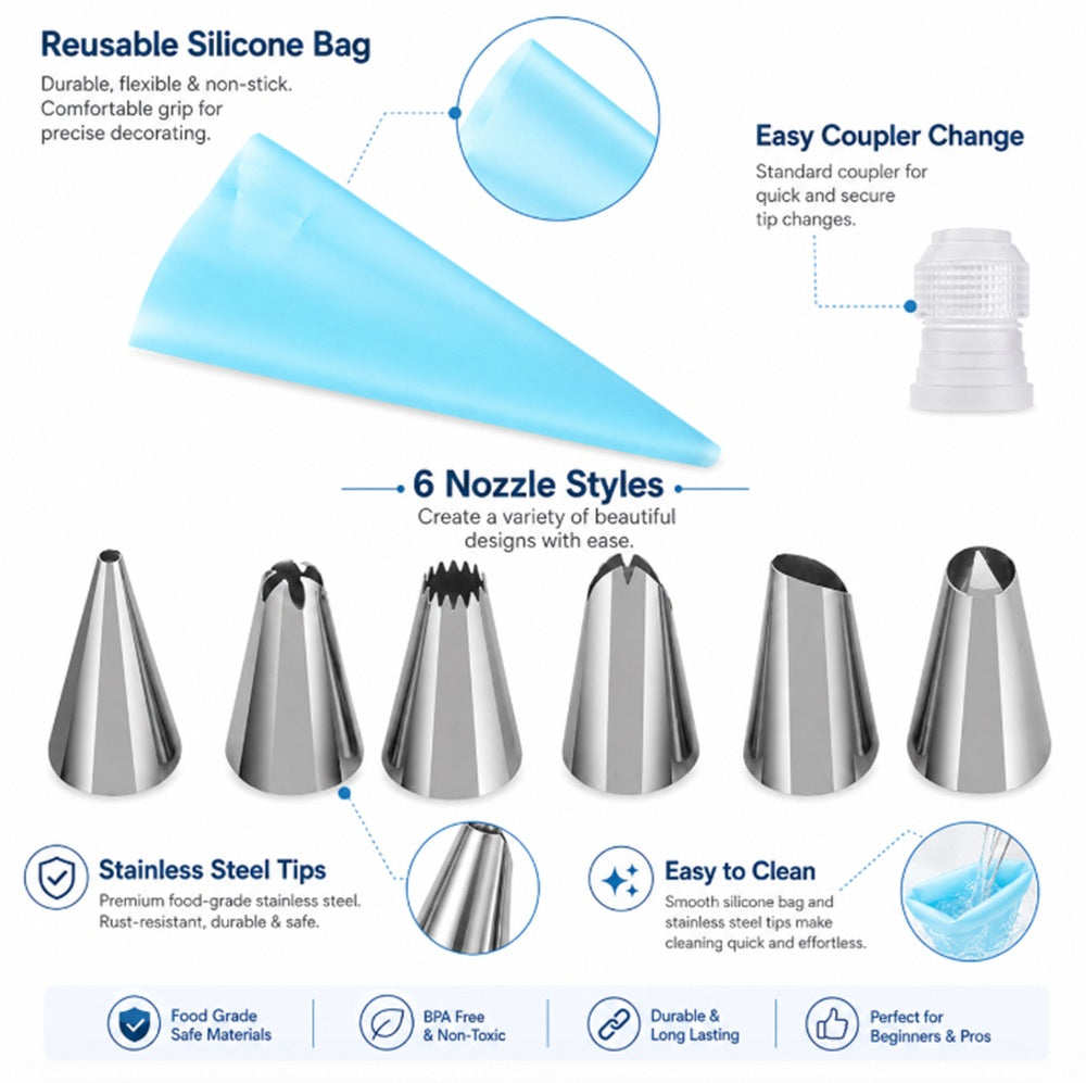 8-Piece Cake Decorating Piping Bag & Icing Tip Set | TIKA
