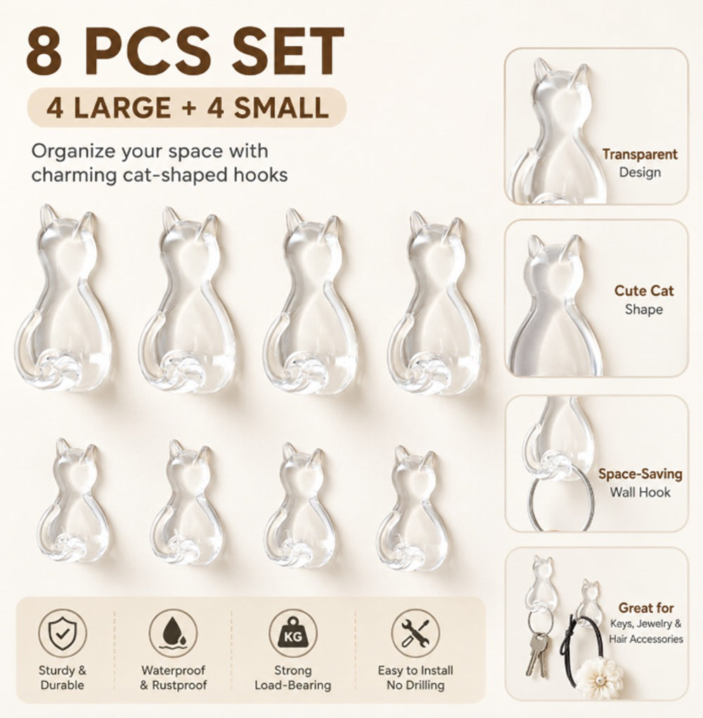 8-Pack Cat-Shaped Adhesive Wall Hooks | TIKA