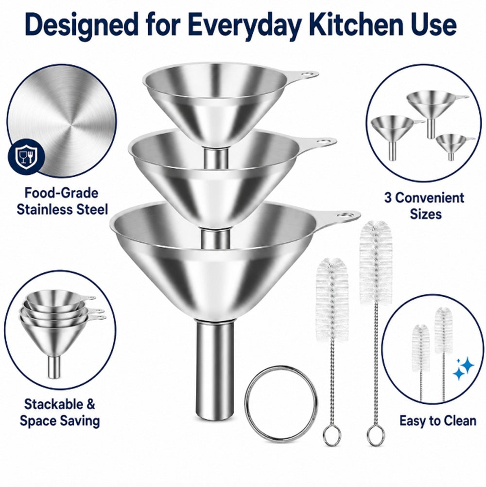 3-Piece Stainless Steel Funnel Set with 2 Cleaning Brushes | TIKA