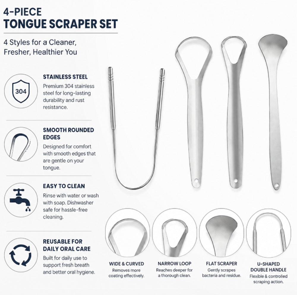 4-Pack Reusable Stainless Steel Tongue Scrapers | TIKA