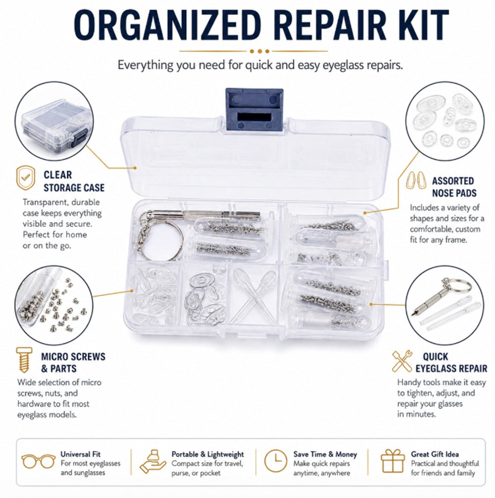 Eyeglass Repair Kit with Screws, Nose Pads & Case | TIKA