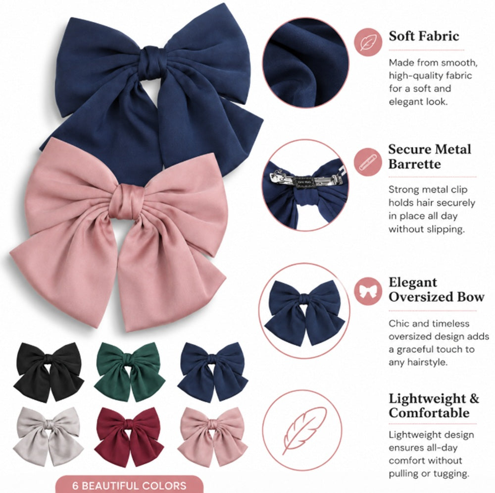 6-Pack Large Satin Bow Hair Clips | TIKA