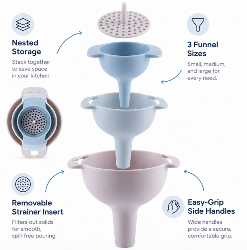 3-Piece Kitchen Funnel Set with Detachable Strainer | TIKA