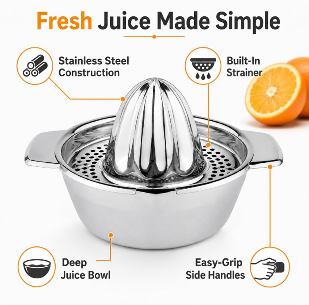Stainless Steel Manual Citrus Juicer with Bowl & Strainer | TIKA