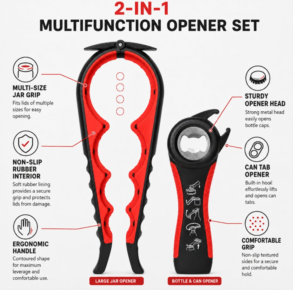 Jar & Bottle Opener Set, 2 Piece: 5-in-1 Tool & 4-Size Lid Gripper – TIKA