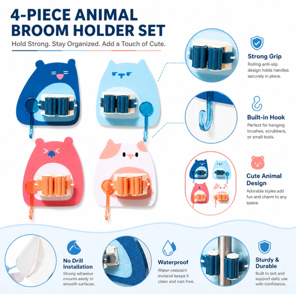 4-Pack Self-Adhesive Mop & Broom Holders with Hooks | TIKA