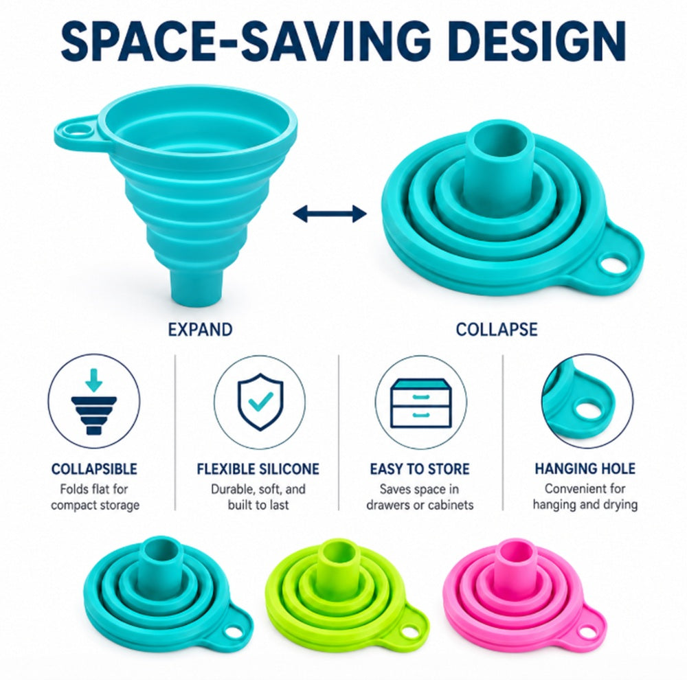 6-Piece Collapsible Silicone Kitchen Funnel Set for Liquid Transfer | TIKA