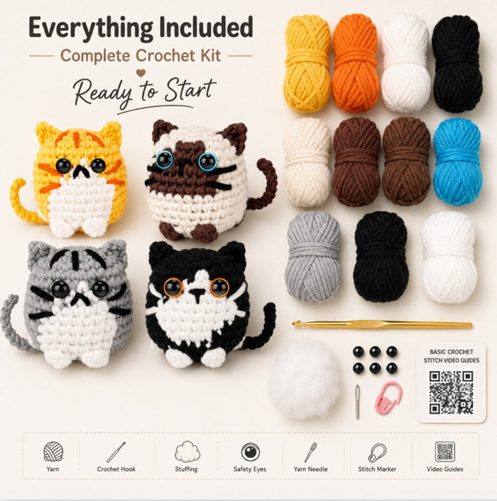 Cat Crochet Kit for Beginners, 4 Pack with Video Tutorials – TIKA