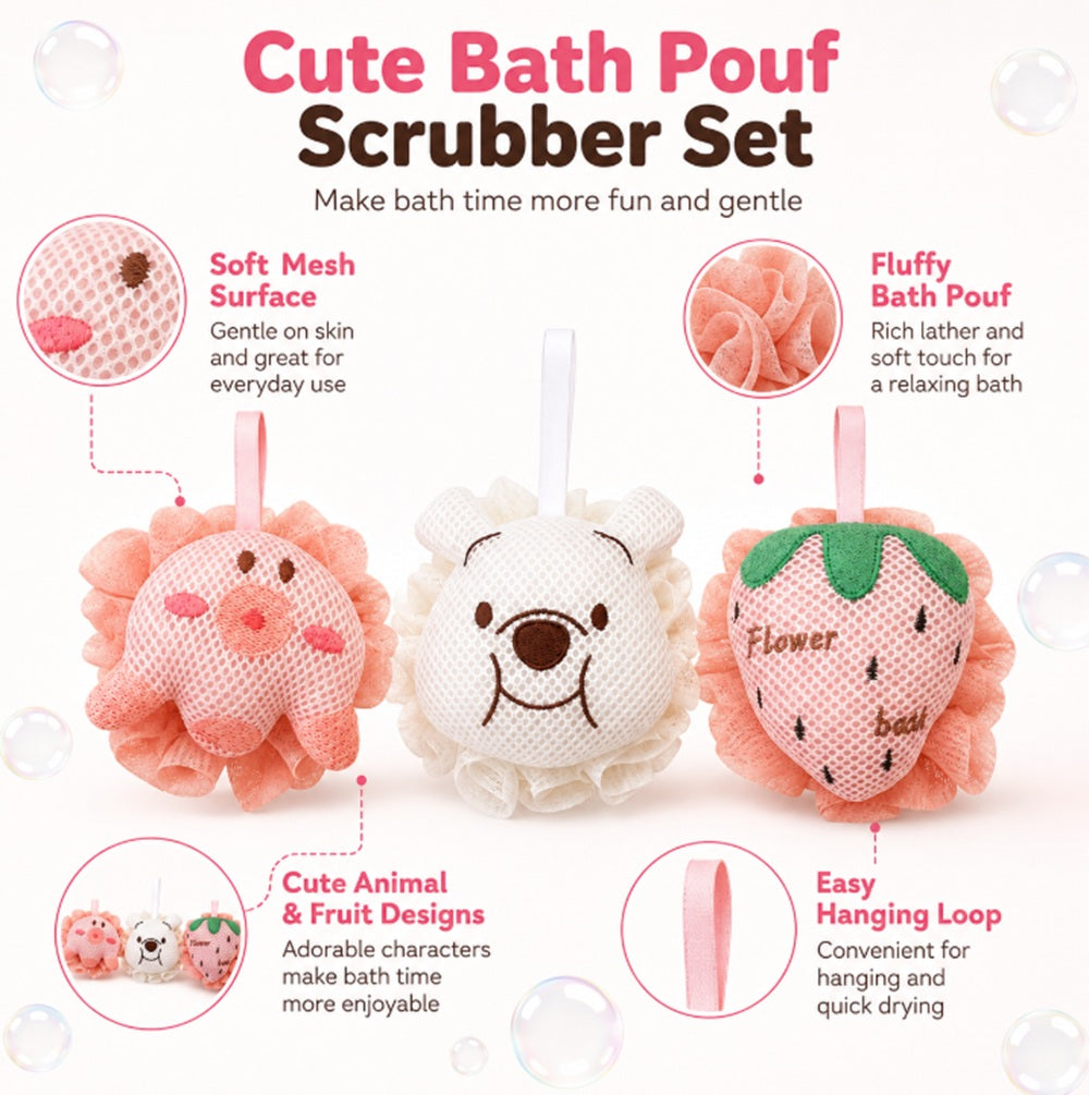 3-Pack Kids’ Cartoon Soft Mesh Bath Loofahs | TIKA