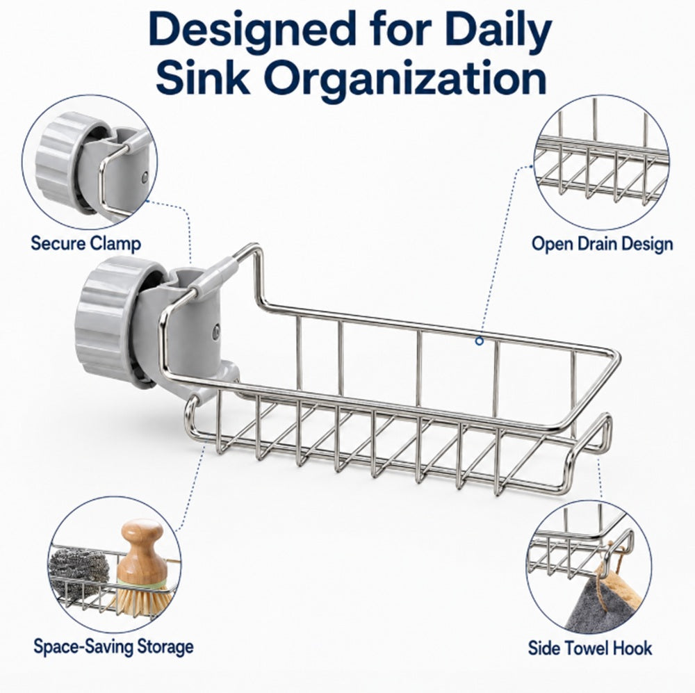 Kitchen Sink Faucet Rack with Sponge & Soap Holder | TIKA
