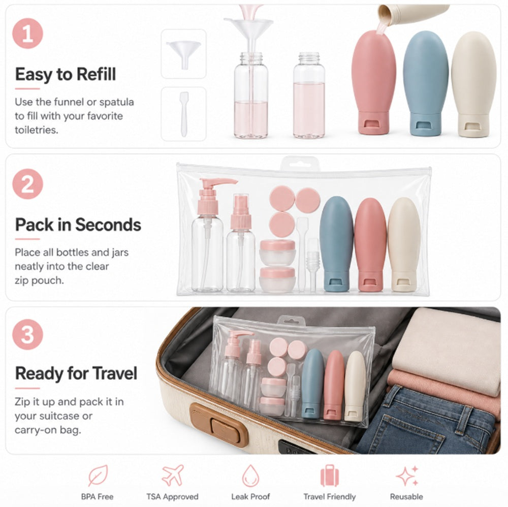 11-Piece Refillable Travel Toiletry Bottle Set | TIKA