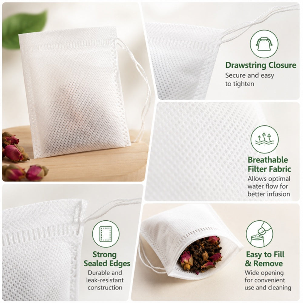 100-Pack 8 x 10 cm Drawstring Tea Filter Bags for Loose-Leaf Tea | TIKA