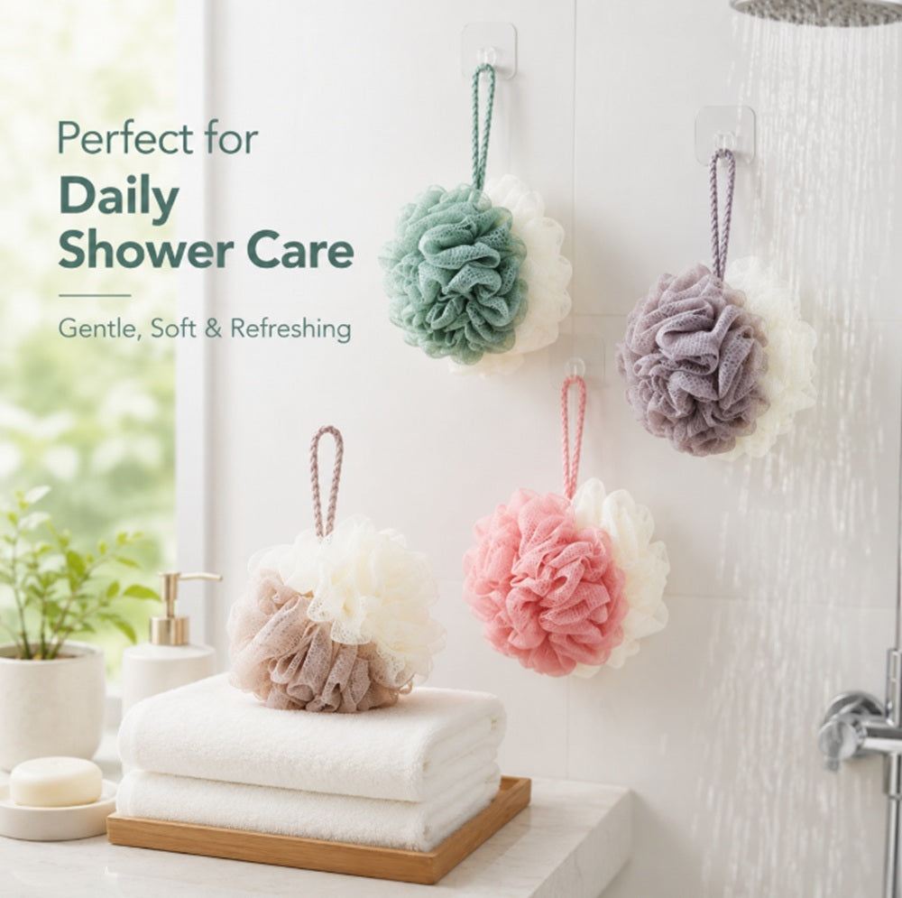 4-Pack Bath Loofah Pouf Set with Back Scrubber | TIKA
