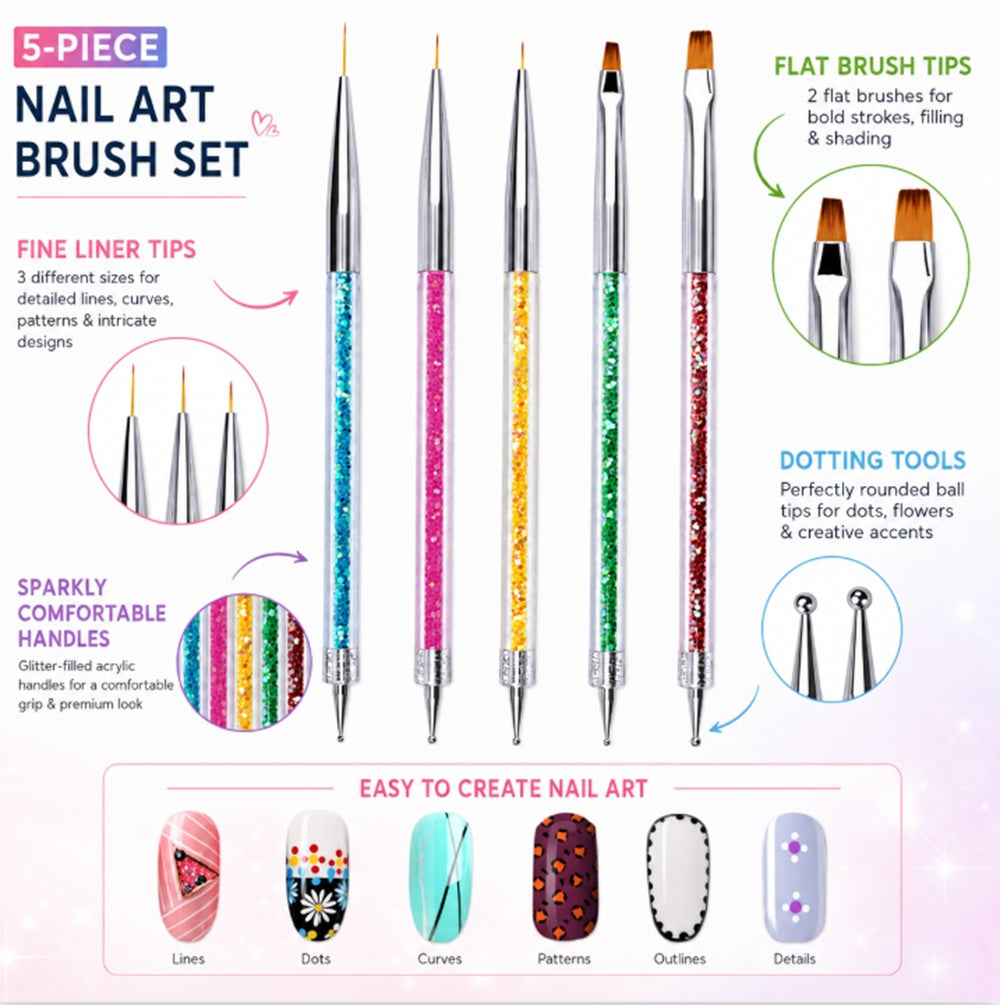 5-Piece Double-Ended Nail Art Dotting & Brush Set | TIKA