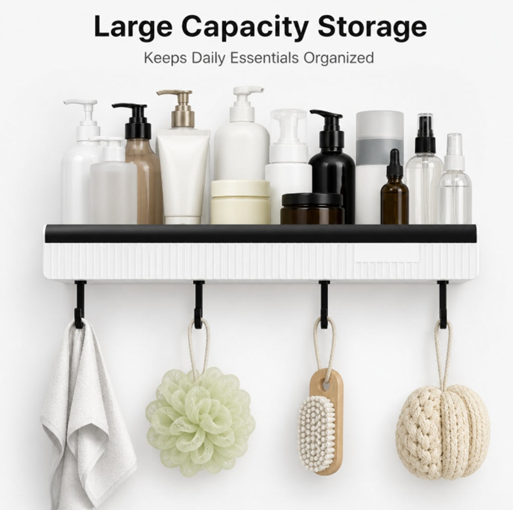 Adhesive Corner Shower Shelf with 4 Hooks, 1-Pack | TIKA
