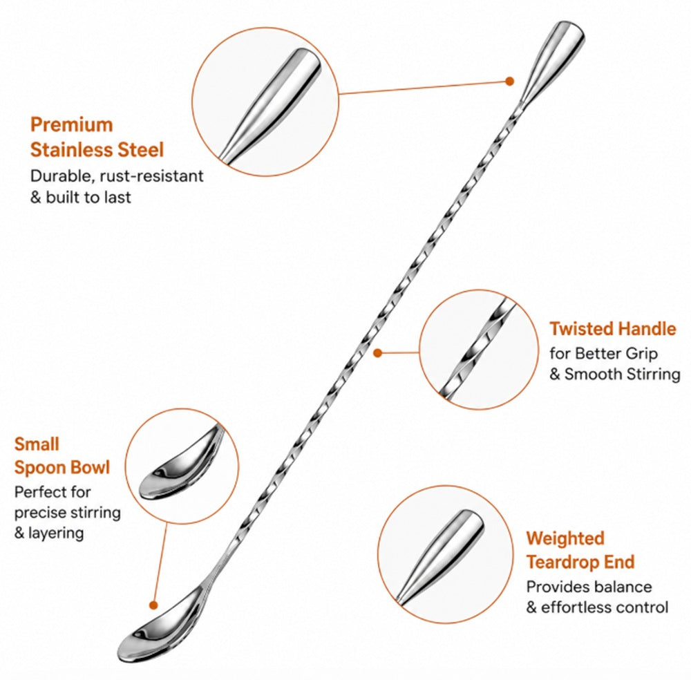 12-Inch Stainless Steel Bar Spoon for Cocktail Mixing | TIKA
