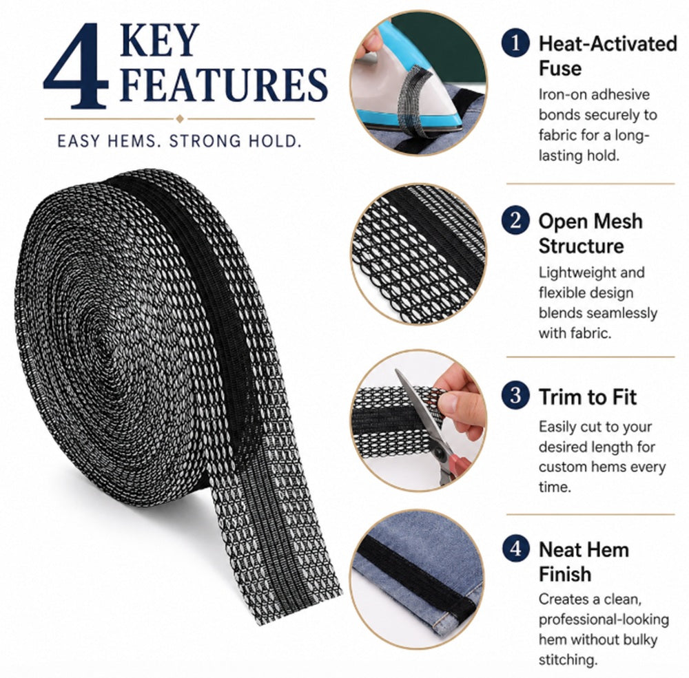 10m Iron-On Hemming Tape, No-Sew Fabric Adhesive | TIKA