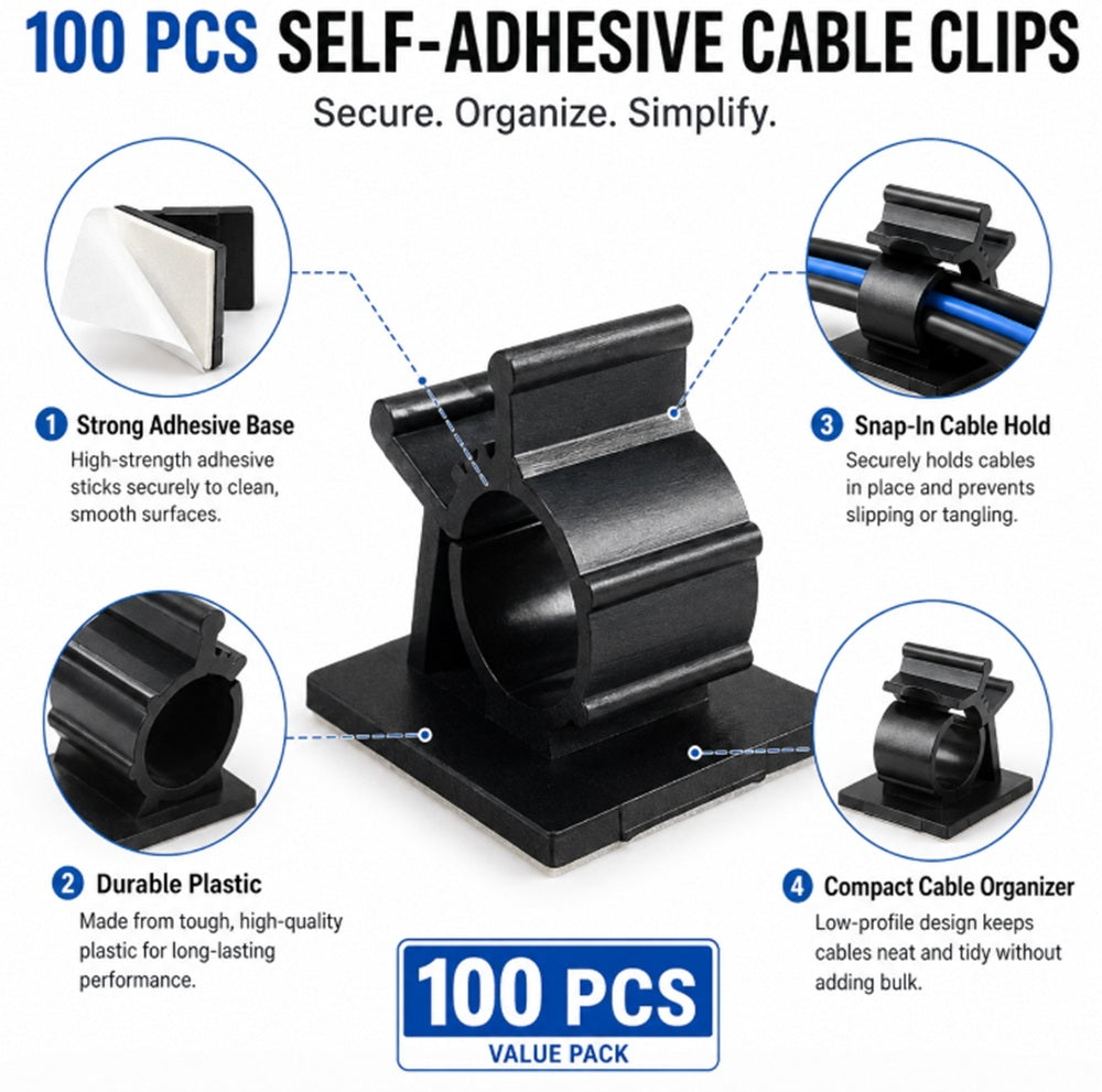 100-Pack Self-Adhesive Cable Organizer Clips | TIKA