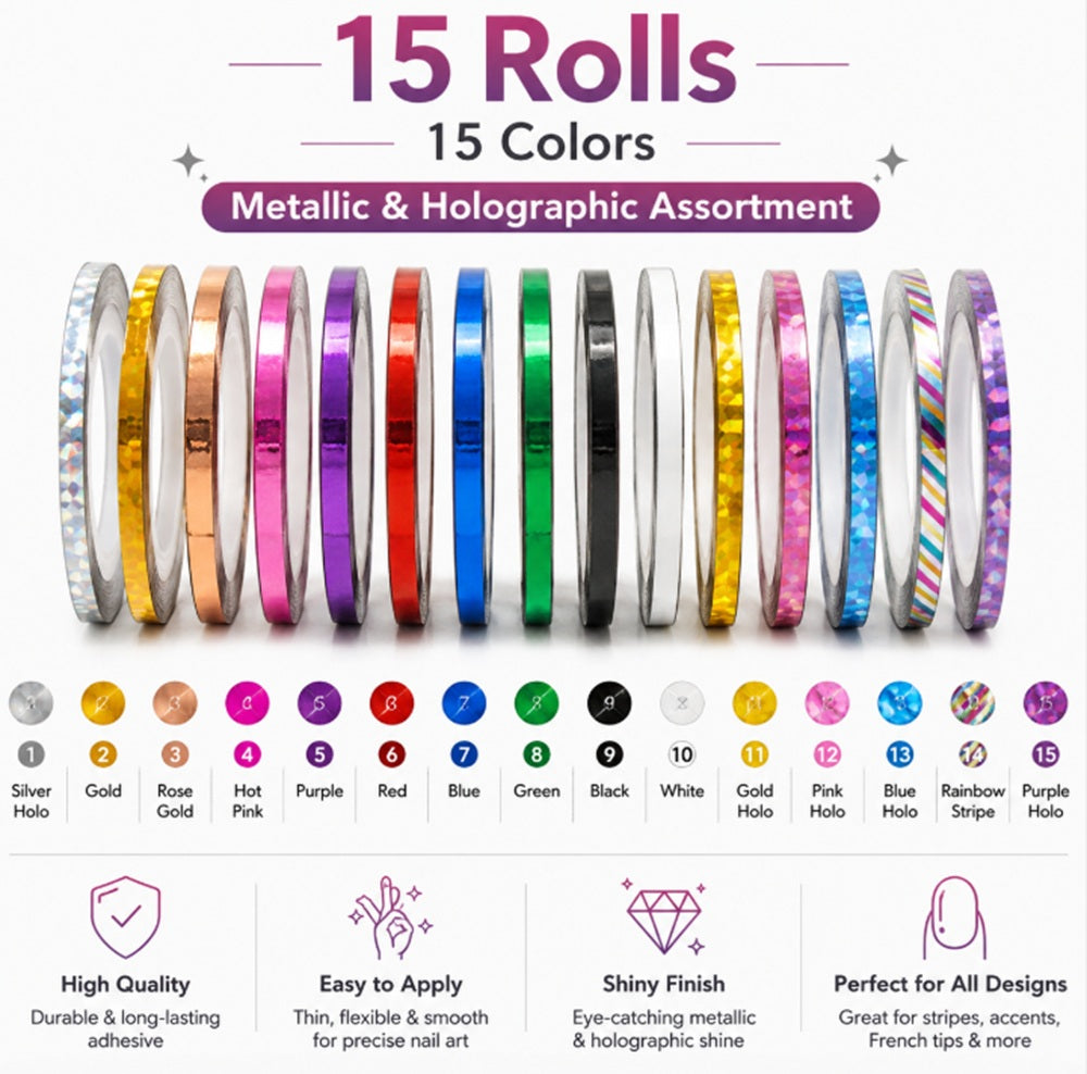15-Roll Multicolor Nail Striping Tape Set | TIKA