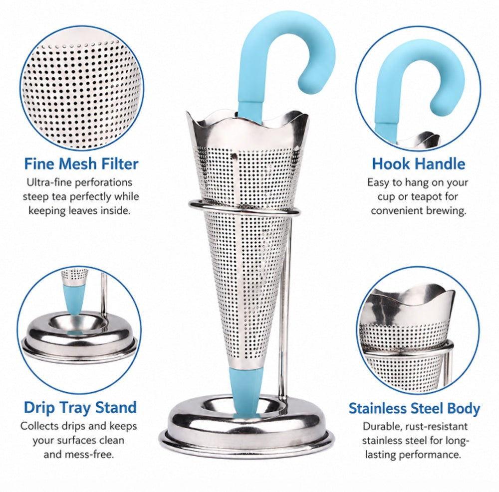 Umbrella Tea Infuser with Stainless Steel Mesh & Silicone Drip Tray | TIKA