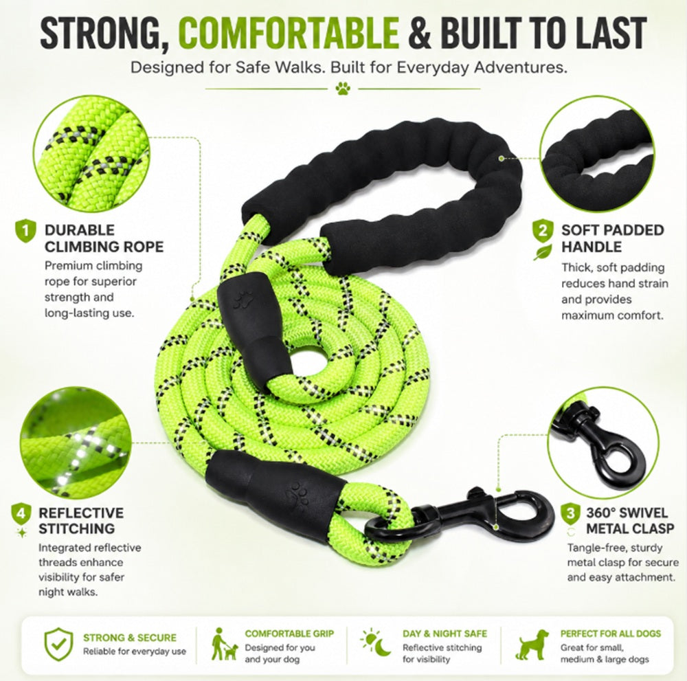 5ft Reflective Nylon Rope Dog Leash with Padded Handle | TIKA
