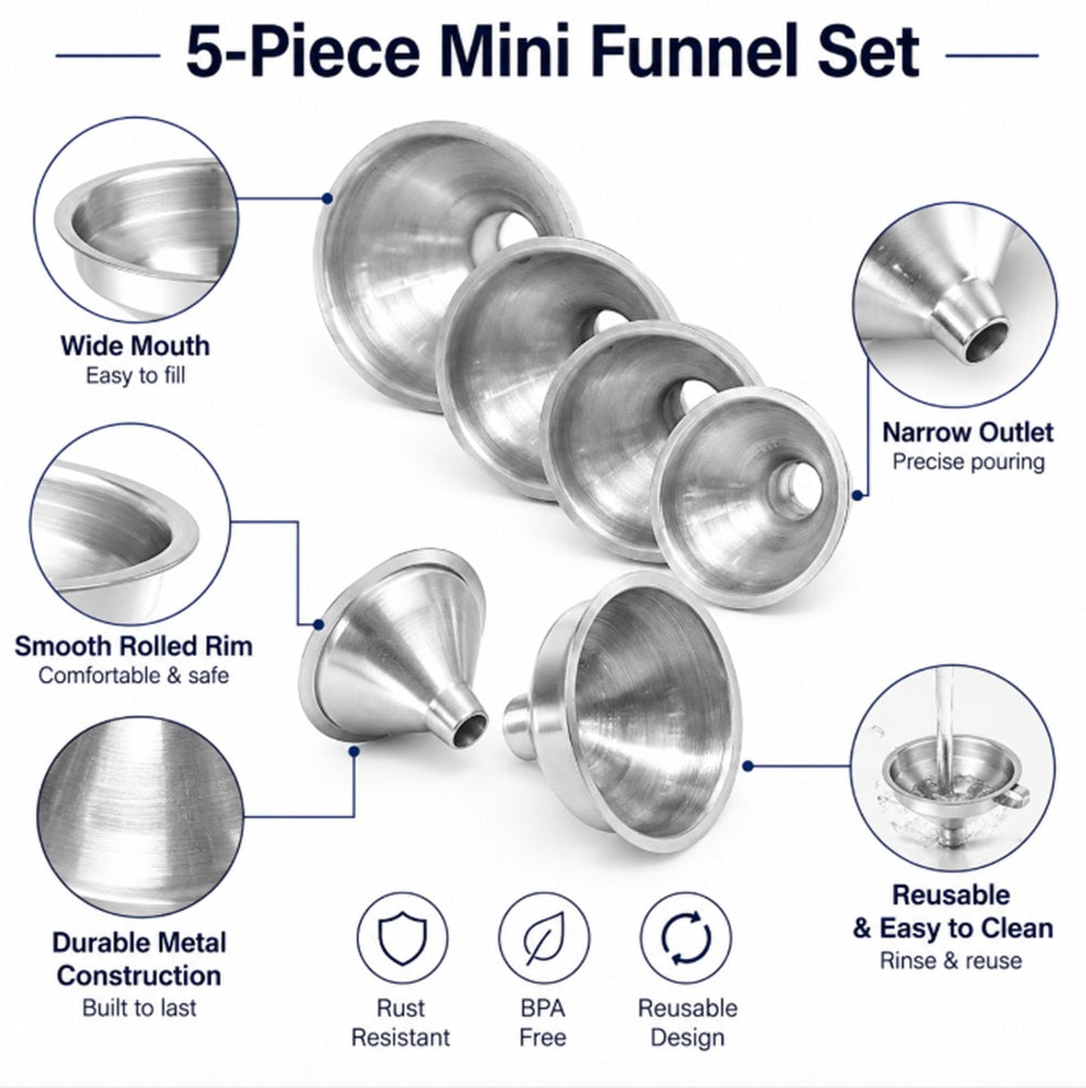 5-Pack Mini Stainless Steel Funnels for Perfume, Oil & Bottles | TIKA
