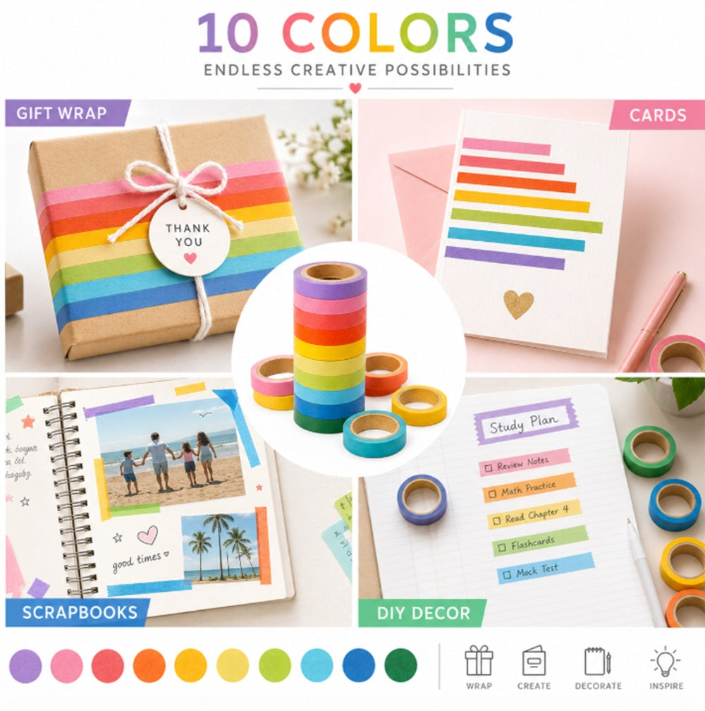 10-Roll Rainbow Writable Washi Tape Set | TIKA