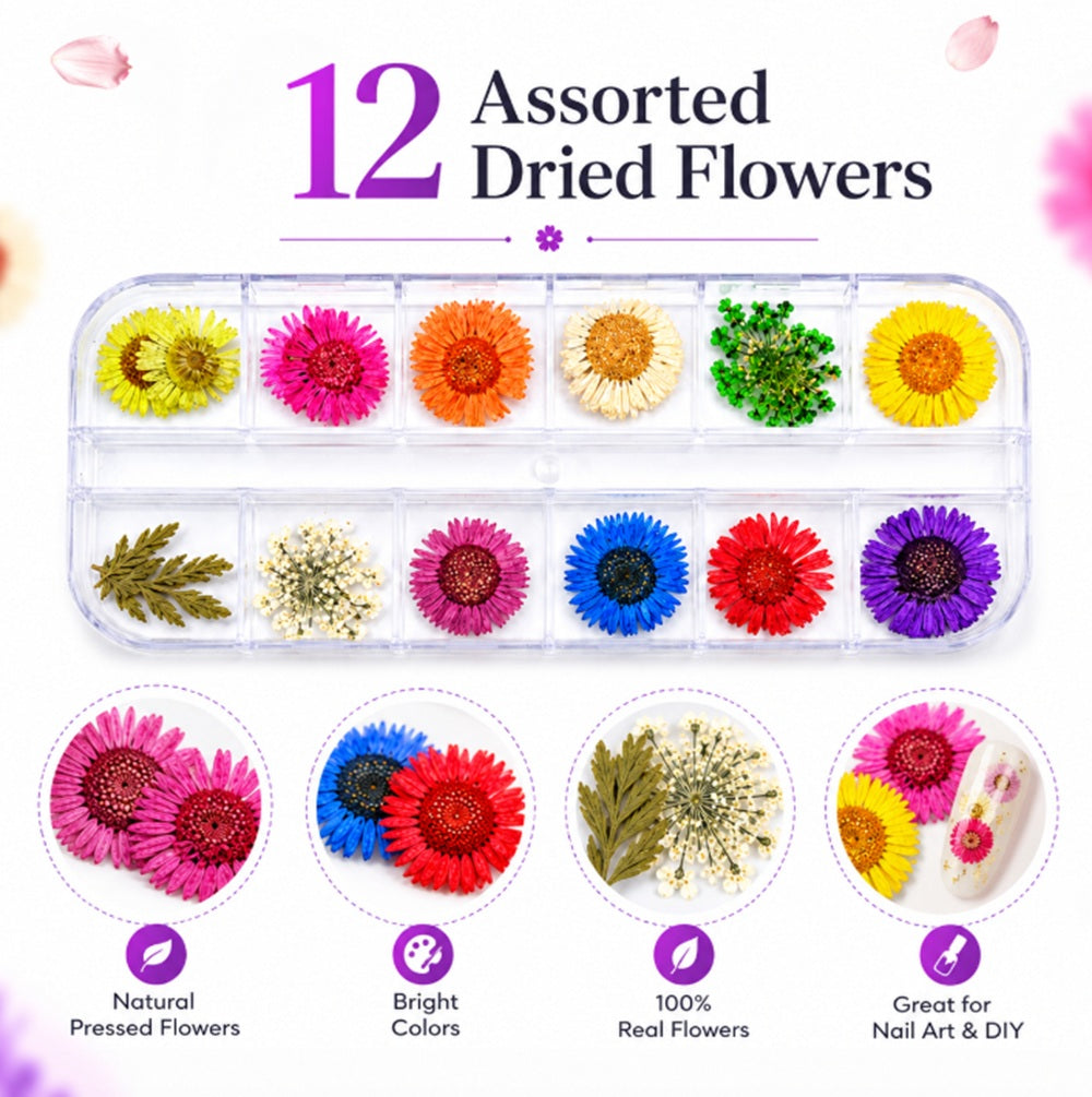 12-Color Real Dried Flower Nail Art Set | TIKA