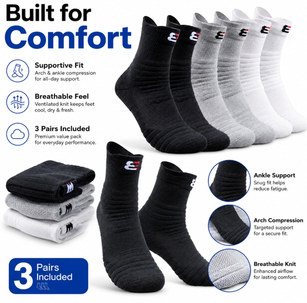 3-Pair Men’s Cotton Compression Athletic Socks | TIKA