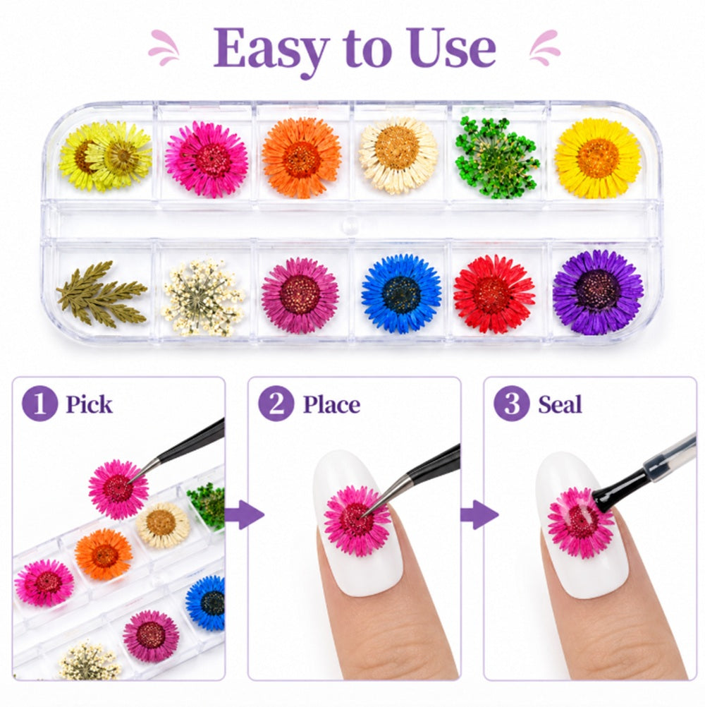 12-Color Real Dried Flower Nail Art Set | TIKA