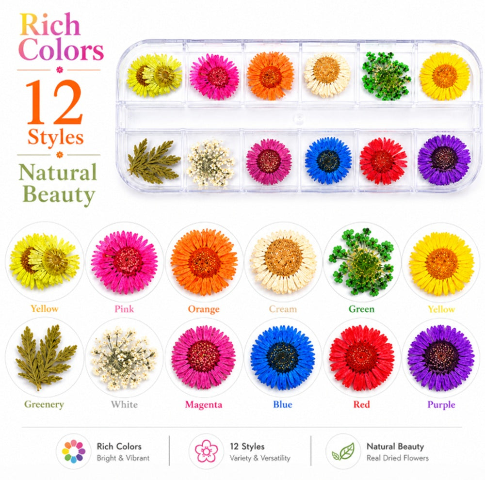 12-Color Real Dried Flower Nail Art Set | TIKA
