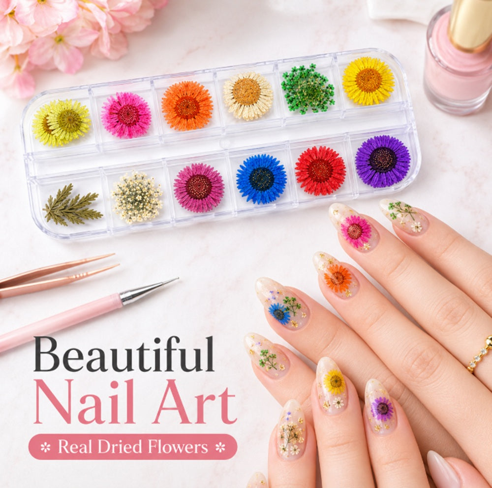 12-Color Real Dried Flower Nail Art Set | TIKA