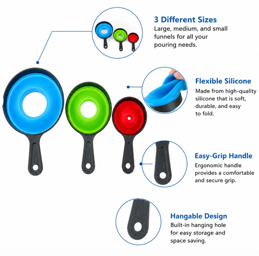 3-Piece Collapsible Wide-Mouth Silicone Funnel Set | TIKA
