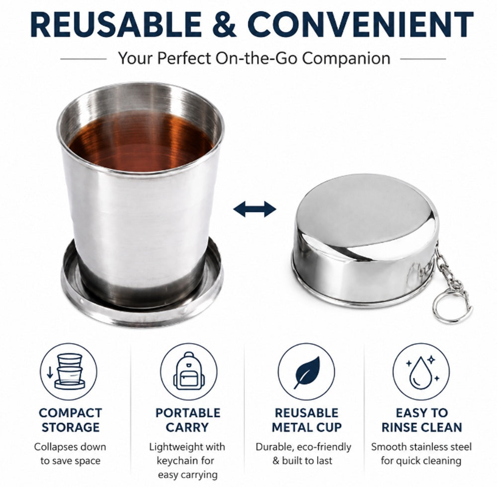 Stainless Steel Collapsible Camping Cup with Lid & Keychain | TIKA