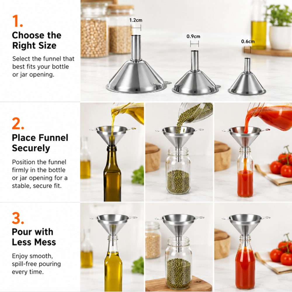 3-Piece Stainless Steel Funnel Set with 2 Cleaning Brushes | TIKA